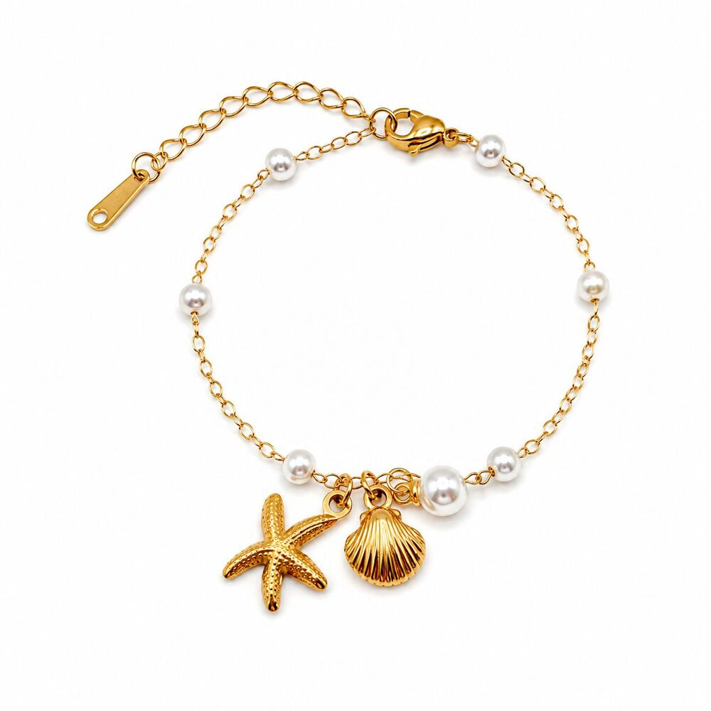 18K Gold Plated Starfish Clamshell Pearl Charm Bracelet Coastal Beach Luxe NWT